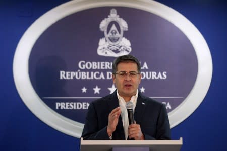 Honduras' President Juan Orlando Hernandez holds a news conference at the Presidential House in Tegucigalpa