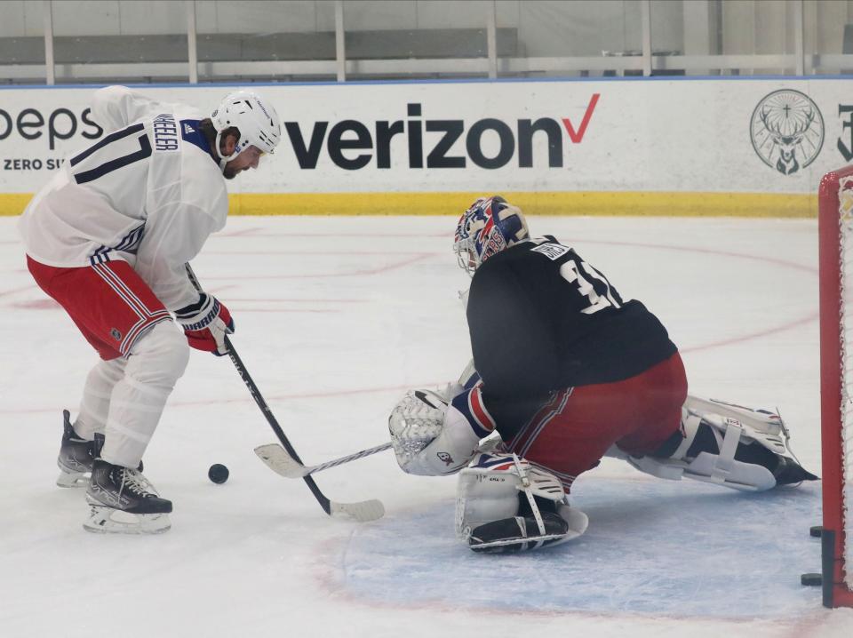 New York Rangers Blake Wheeler and goalie Igor Shesterkin are pictured during a training session at their facility in Tarrytown, Sept. 22, 2023.