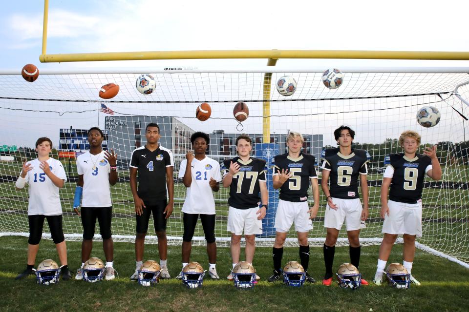 Blake Allen, left, Tayshon Gaston, Jaden Williams, Jermaine Francis, Ben Sobczyk, Nolan Brass, Luis Sancho, and Christian Thumme, are pictured Tuesday, Sept. 26, 2023, on the football/soccer field at Rockford Christian High School.