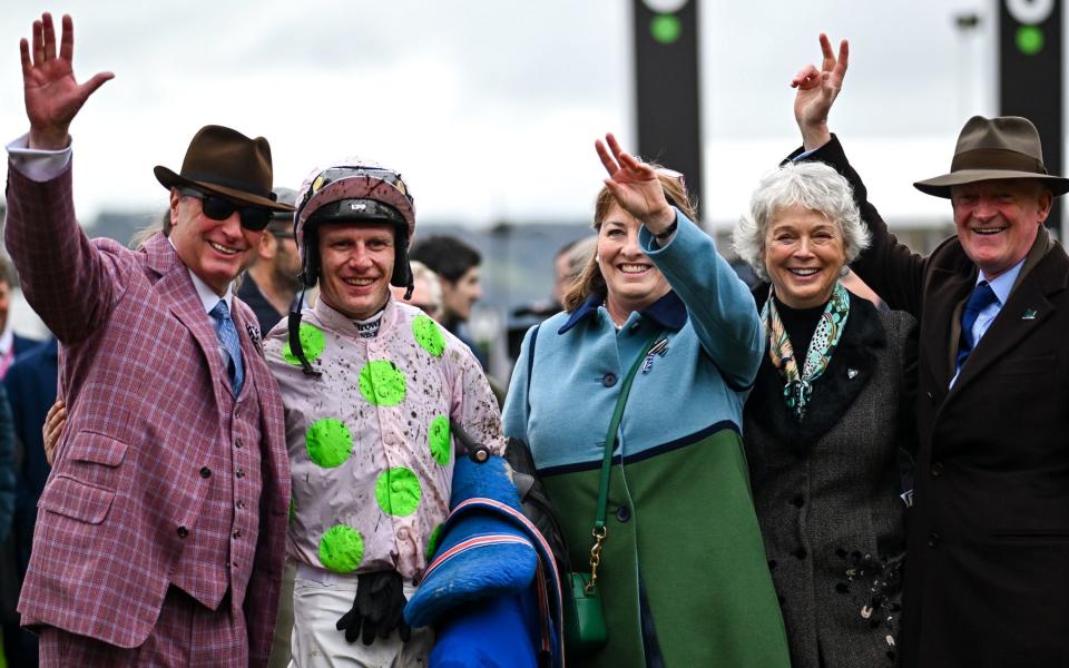 Owner Rich Ricci, left, with, from left to right, jockey Paul Townend, Susannah Ricci, Jackie Mullins and trainer Willie Mullins after victory in the Arkle Chase with Gaelic Warrior