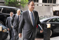 Michael Sussmann, a cybersecurity lawyer who represented the Hillary Clinton presidential campaign in 2016, arrives to the E. Barrett Prettyman Federal Courthouse, Monday, May 16, 2022, in Washington. Sussmann is accused of making a false statement to the FBI during the Trump-Russia probe. (AP Photo/Evan Vucci)