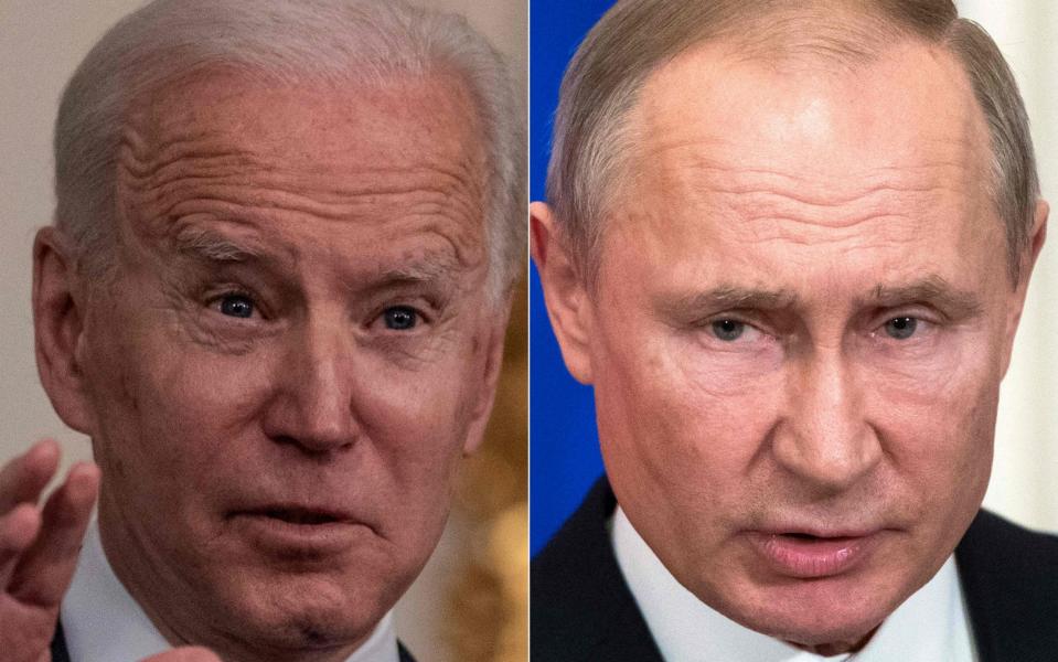 This combination of file pictures created on March 17, 2021 shows US President Joe Biden (L) speaking at White House in Washington, DC on March 15, 2021, and Russian President Vladimir Putin - ERIC BARADAT /AFP