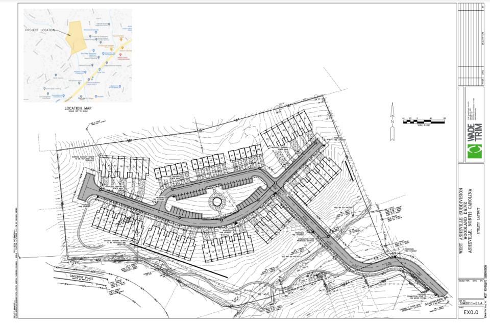 Design plans included in a May 5 permit request for the conditional zoning review of a 72 Townhomes located on 9.12 acres known as 100 Woodland Dr.
