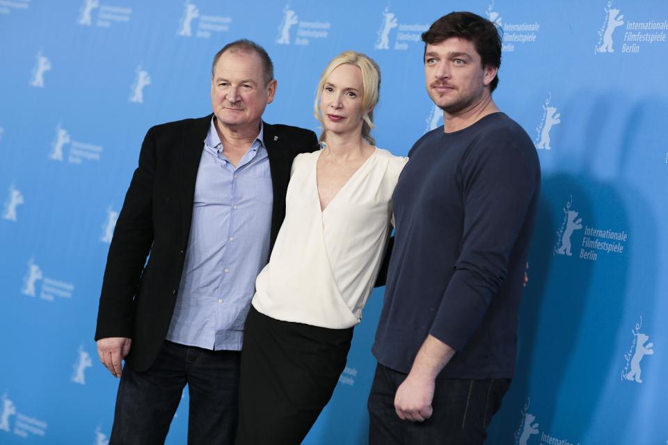 From right, the actor Burghart Klau?ner, director Feo Aladag and actor Ronald Zehrfeld pose for photographers at the photo call for the film Inbetween Worlds at the Berlinale International Film Festival in Berlin, Tuesday, Feb. 11, 2014. (AP Photo/Markus Schreiber)