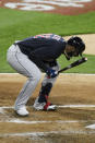 Cleveland Indians' Franmil Reyes reacts after striking out during the fourth inning of a baseball game against the Chicago White Sox Tuesday, April 13, 2021, in Chicago. (AP Photo/Paul Beaty)