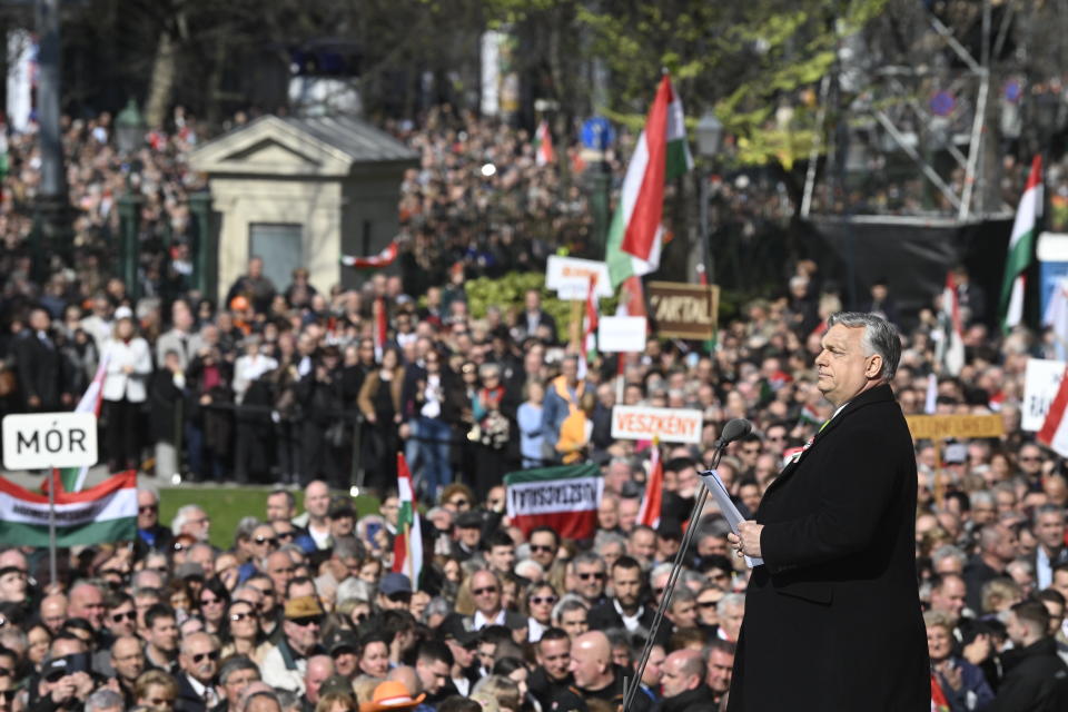 Hungarian Prime Minister Viktor Orban delivers his speech during the official state ceremony to mark 176th anniversary of the outbreak of the 1848 revolution and war of independence against Habsburg rule at the Hungarian National Museum, in Budapest, Hungary, Friday, March 15, 2024. (Szilard Koszticsak/MTI via AP)