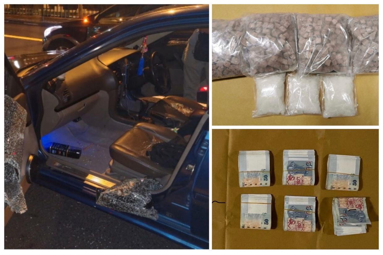 From left to top right: Interior of Malaysia-registered car, heroin and ‘Ice’ seized, and cash found on Malaysian male suspect (Photo: Central Narcotics Bureau)