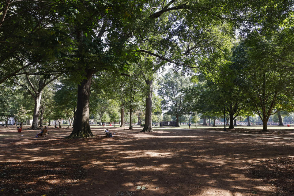 Students at the University of Alabama enjoy a quad on Wednesday, Oct. 13, 2021, in Tuscaloosa, Ala. College communities such as Tuscaloosa are exploring their options for contesting the results of the 2020 census, which they say do not accurately reflect how many people live there. (AP Photo/Vasha Hunt)