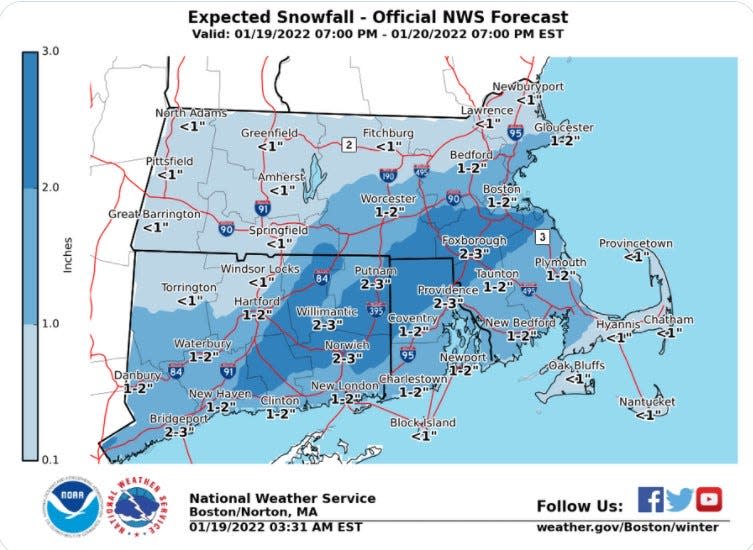 The National Weather Service says Rhode Island should get 1 to 3 inches of snow Thursday, much of it falling during the morning commute.