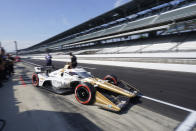 Rinus VeeKay, of The Netherlands, leaves the pits during practice for the IndyCar Grand Prix auto race at Indianapolis Motor Speedway, Friday, May 12, 2023, in Indianapolis. (AP Photo/Darron Cummings)