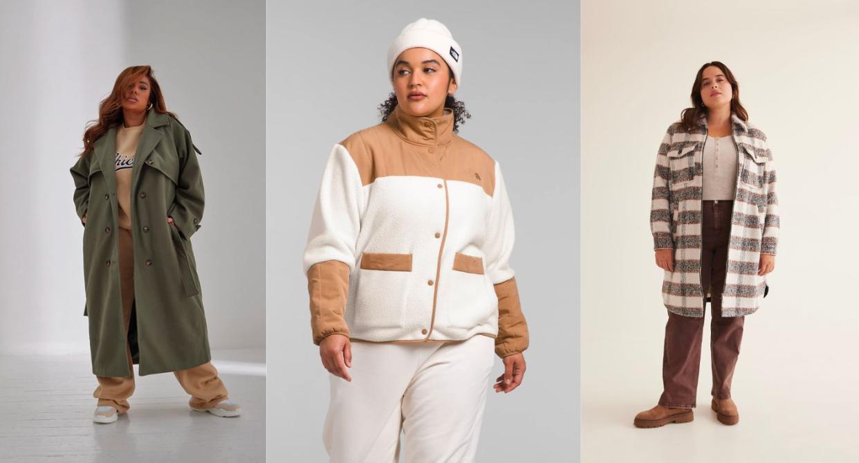 three different plus-size outerwear pieces from penningtons, prettylittething and the north face