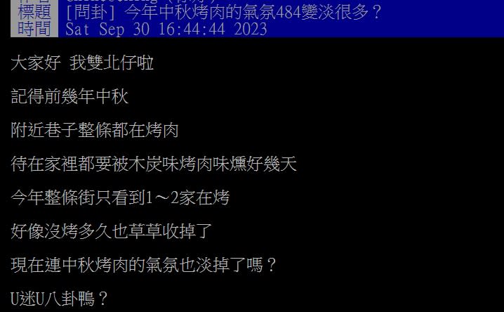 網友好奇烤肉的人數下降原因。（圖／翻攝自　PTT論壇）