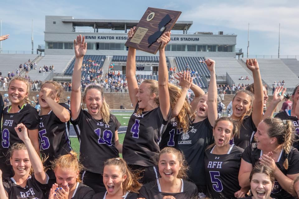 Rumson celebrate their SCT championship. Rumson-Fair Haven Girls Lacrosse defeat Trinity Hall 17-6 in Shore Conference Tournament Finals in West Long Branch, NJ on May 20, 2024.