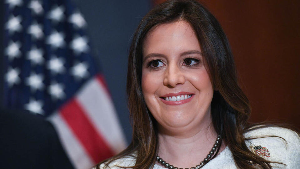 Representative Elise Stefanik, R-N.Y., smiles after House Republicans voted for her as their conference chair Friday. (Photo by Mandel Ngan/AFP via Getty Images)