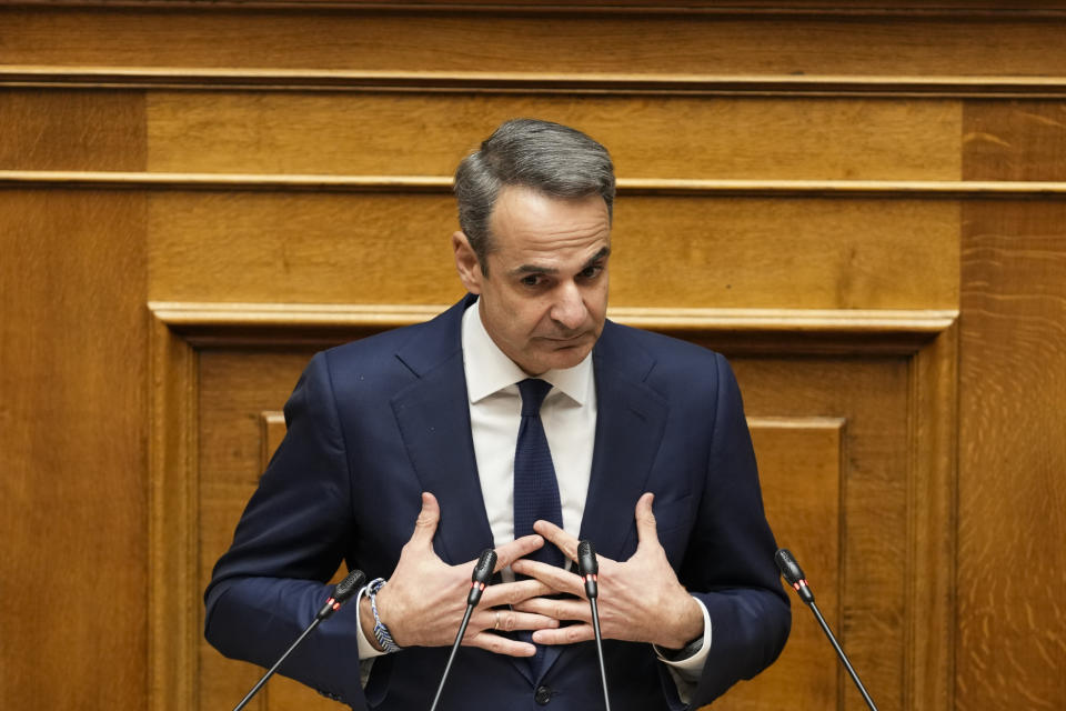 Greece Prime Minister Kyriakos Mitsotakis speaks during a parliament session in Athens, on Thursday, March 28, 2024. A Greek opposition party Tuesday submitted a motion of no-confidence against the government, saying that it tried to cover up its responsibility over a deadly rail disaster last year that shocked Greece. The three-day debate in parliament is due to end with a vote late Thursday. March 28. (AP Photo/Petros Giannakouris)