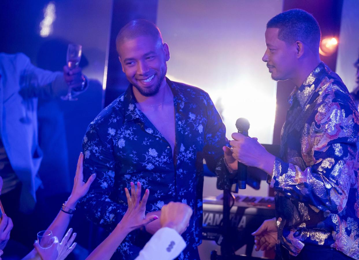 This image released by Fox shows Jussie Smollett, left, and Terrence Howard in a scene from the "The Depth of Grief" episode of "Empire," which originally aired on Oct. 31. Smollett's co-starring role in "Empire" may end up being the pinnacle of his career, industry observers and insiders said as the actor faces criminal charges that he faked a hate crime against himself.