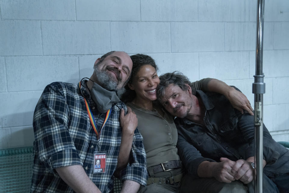 Craig Mazin, Merle Dandridge, and Pedro Pascal on the set of The Last of Us