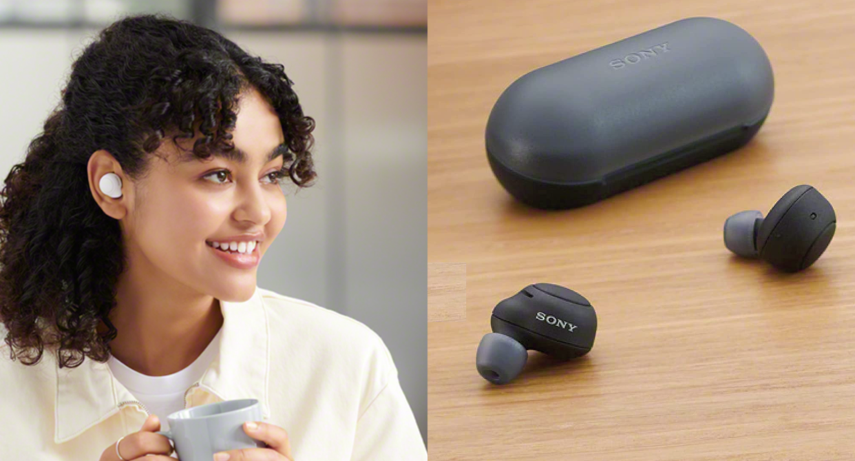 split screen of woman with curly hair wearing white earbuds and black sony earbuds headphones