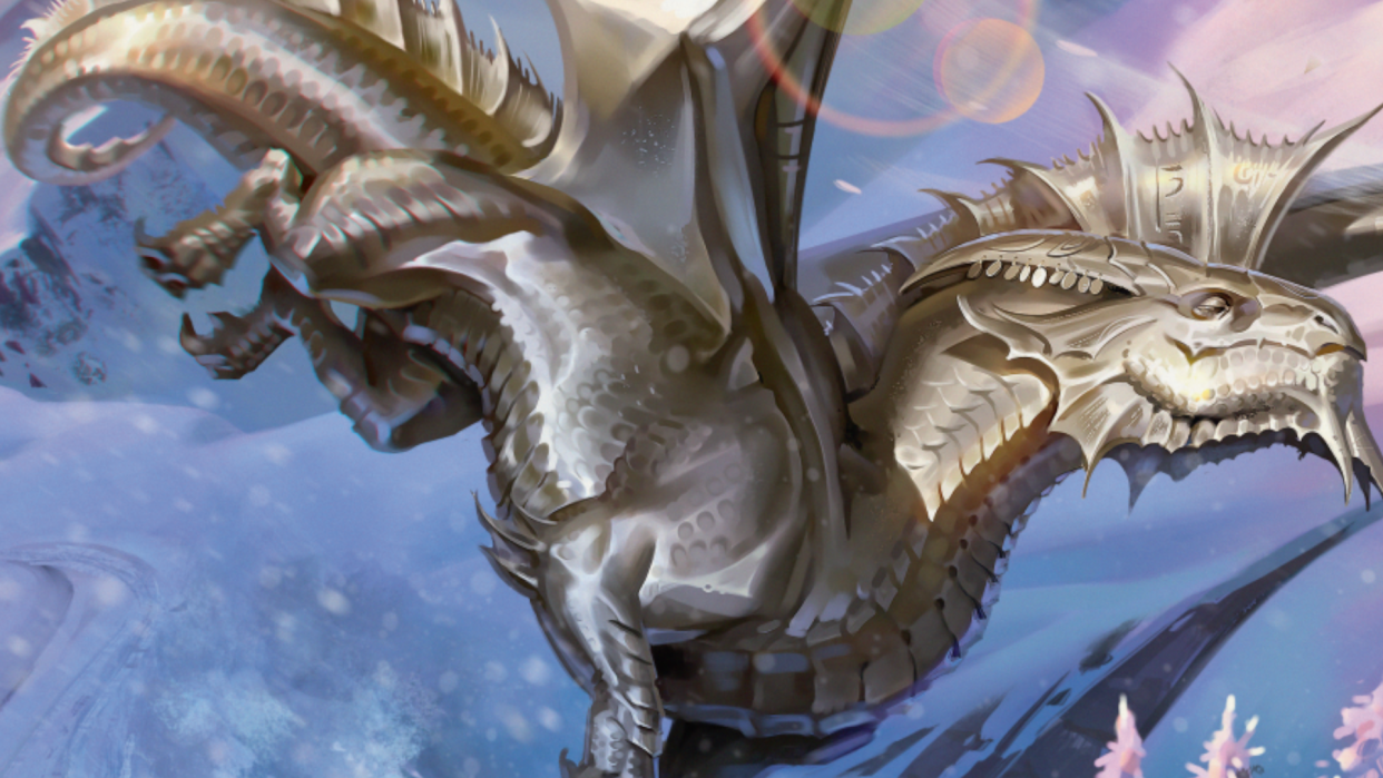  A silver dragon soars through the sky in D&D's latest free adventure, Peril in Pinebrook. 