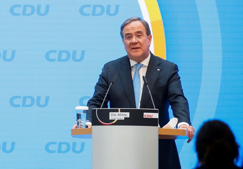 North Rhine-Westphalia's State Premier and head of Germany's CDU party Armin Laschet gives statement at the CDU headquarters in Berlin