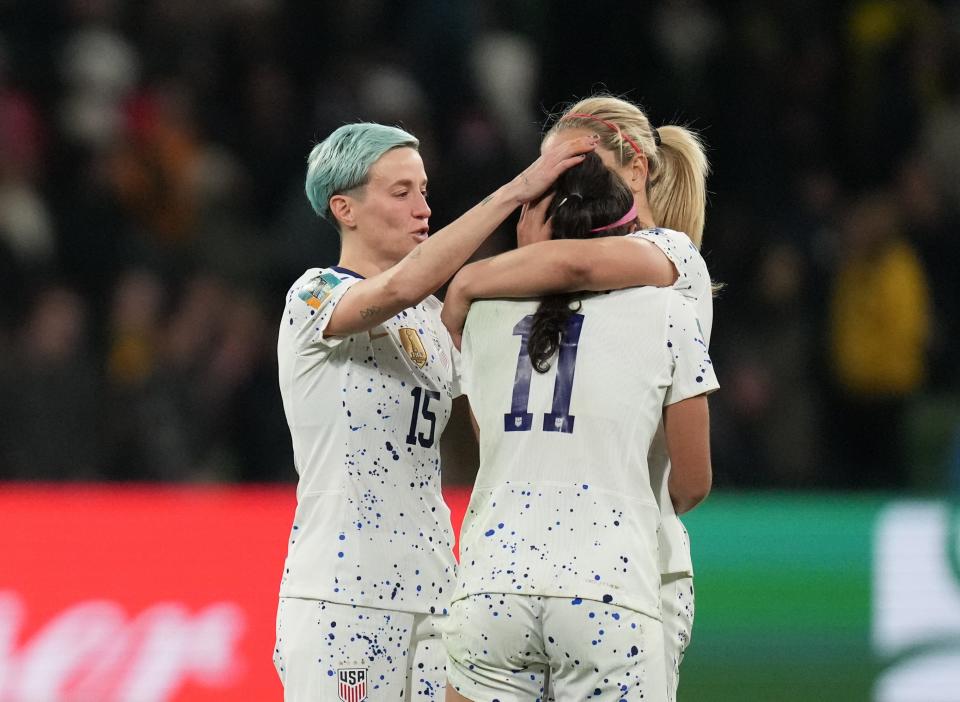 United States forward Megan Rapinoe, left, and midfielder Lindsey Horan console forward Sophia Smith (11) after losing to Sweden in a penalty kick shootout during a Round of 16 match at the World Cup at Melbourne Rectangular Stadium in Melbourne, Australia on August 6, 2023.