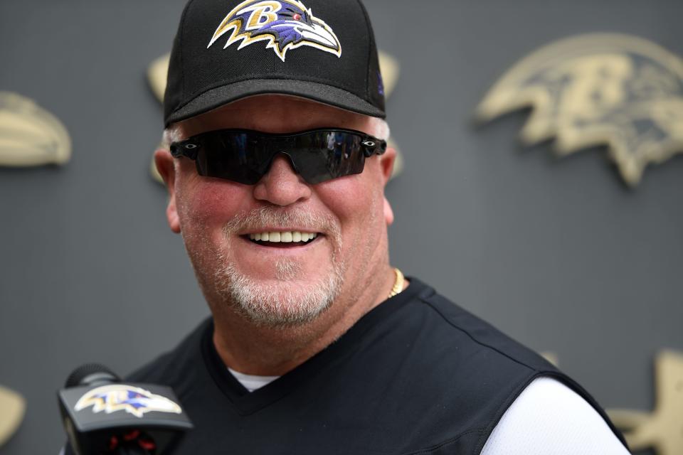 Baltimore Ravens defensive coordinator Don Martindale talks with reporters after an NFL football practice, Tuesday, Aug. 17, 2021, in Owings Mills, Md.(AP Photo/Gail Burton)