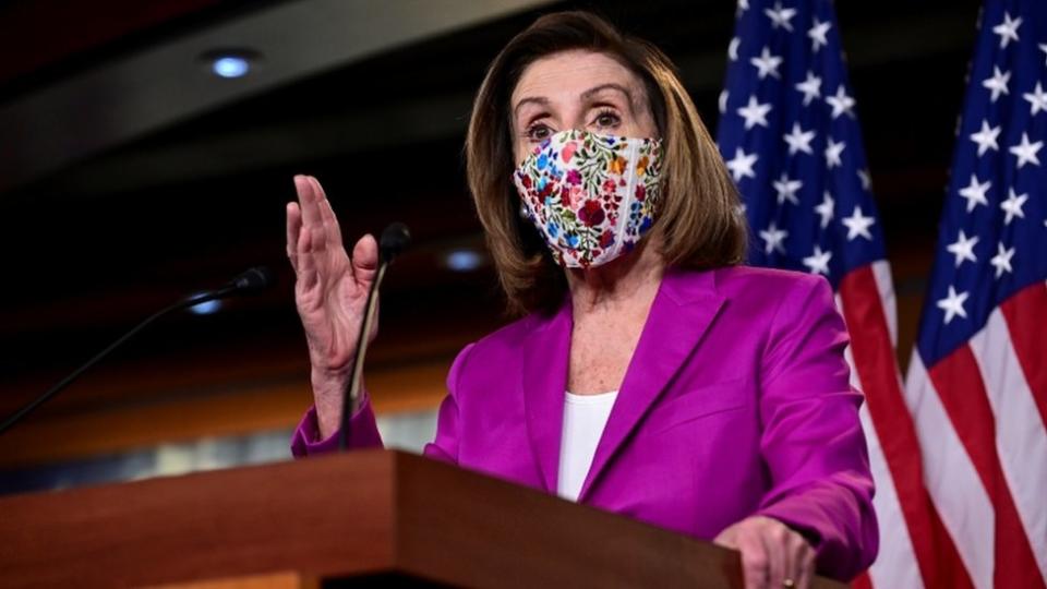 Nancy Pelosi speaks to reporters a day after supporters of US President Donald Trump occupied the Capitol