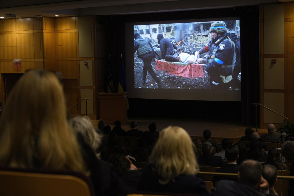 People watch a screening of "20 Days in Mariupol" at the State Department in Washington, Tuesday, Feb. 27, 2024. (AP Photo/Susan Walsh)