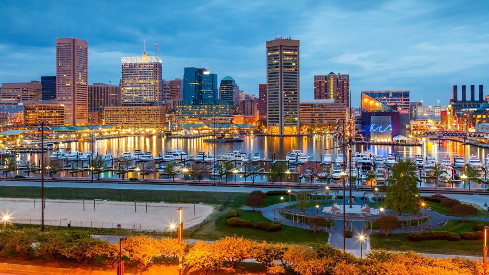 View on downtown of Baltimore at night.