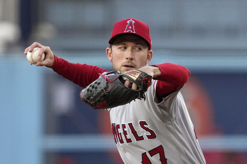 Los Angeles Angels starting pitcher Griffin Canning throws to the plate during the first inning of a baseball game against the Los Angeles Dodgers Friday, July 7, 2023, in Los Angeles. (AP Photo/Mark J. Terrill)