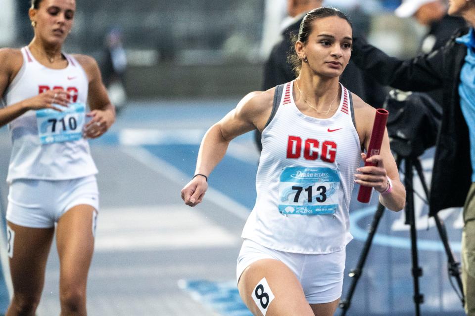 DCG's Asia Jahangir runs the 4x400 meter relay during the Drake Relays at Drake Stadium on Saturday, April 27, 2024, in Des Moines.