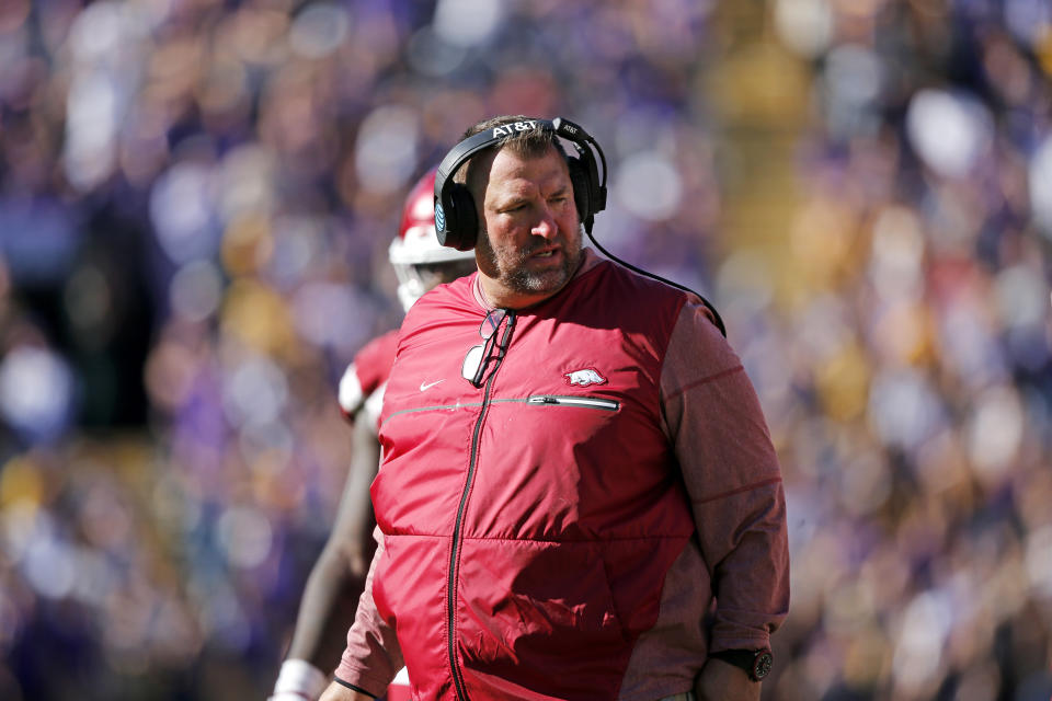 Arkansas head coach Bret Bielema walks on the sideline in the second half of an NCAA college football game against LSU in Baton Rouge, La., Saturday, Nov. 11, 2017. LSU won 33-10. (AP Photo/Gerald Herbert)