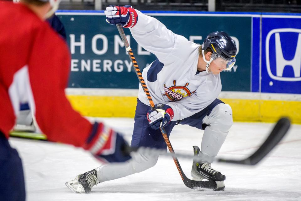 New Rivermen winger Brennan Blaszczak works out with the team during a recent practice at the Peoria Civic Center.