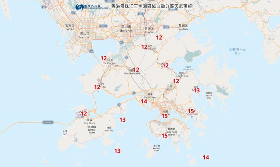 今早市區氣溫普遍降至13度左右，新界再低兩三度。(天文台網頁截圖)