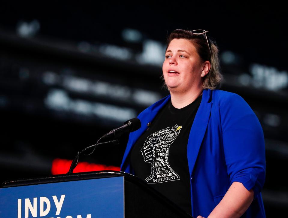 Indianapolis City-County Councillor Ali Brown (District 10) speaks at a press conference to announce the launch of Indy Autism Project at Lucas Oil Stadium, Monday, Dec. 7, 2020.