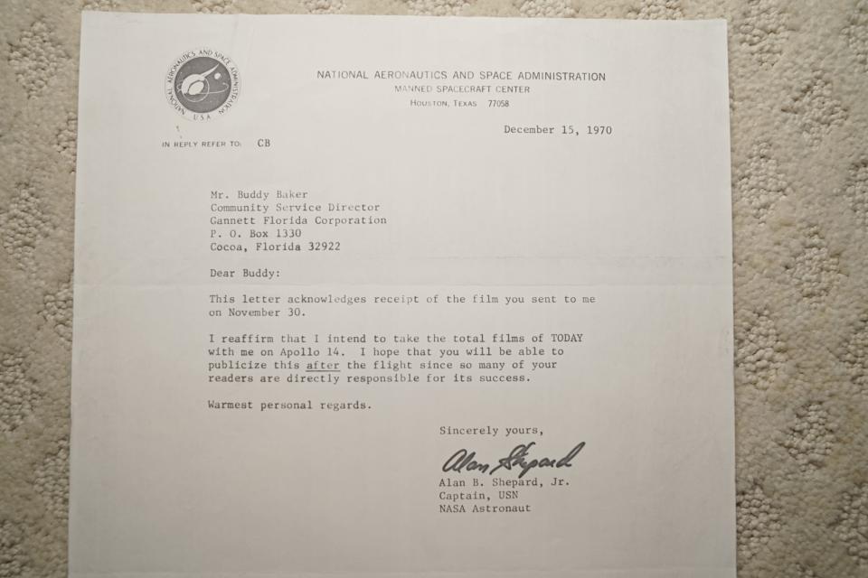 A letter from Alan Shepard to Buddy Baker confirming his intentions to take films of TODAY with him on Apollo 14.