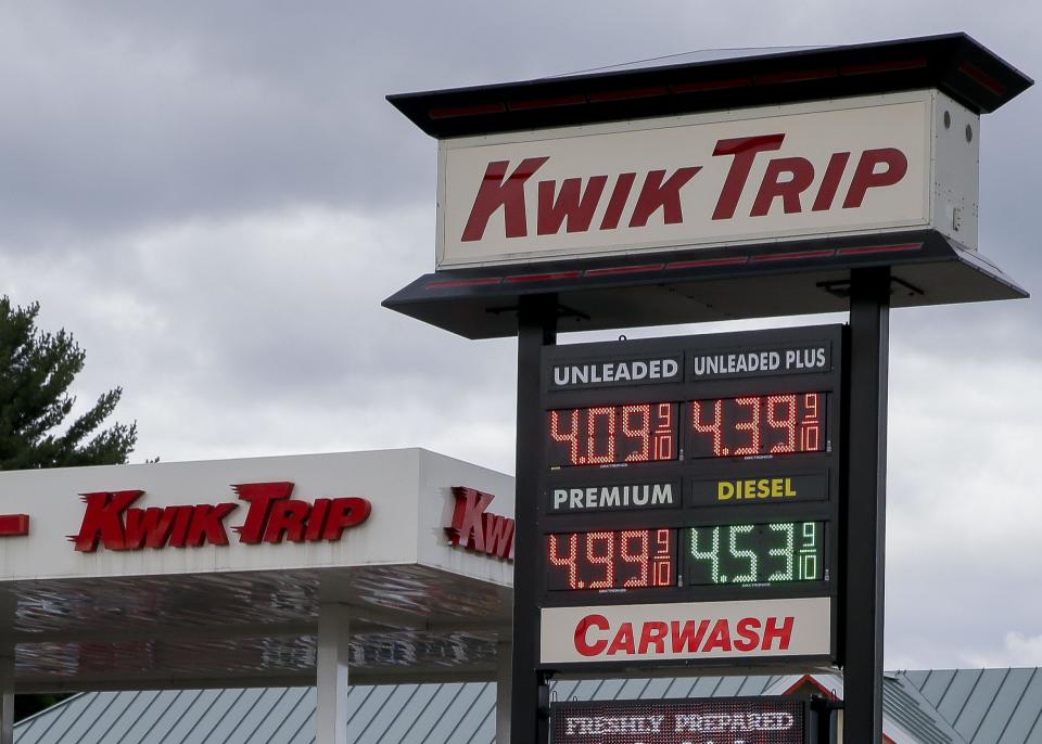 Gas prices are seen on a roadside sign on Monday at Kwik Trip on Maria Drive in Stevens Point. Gas prices spiked over the weekend.