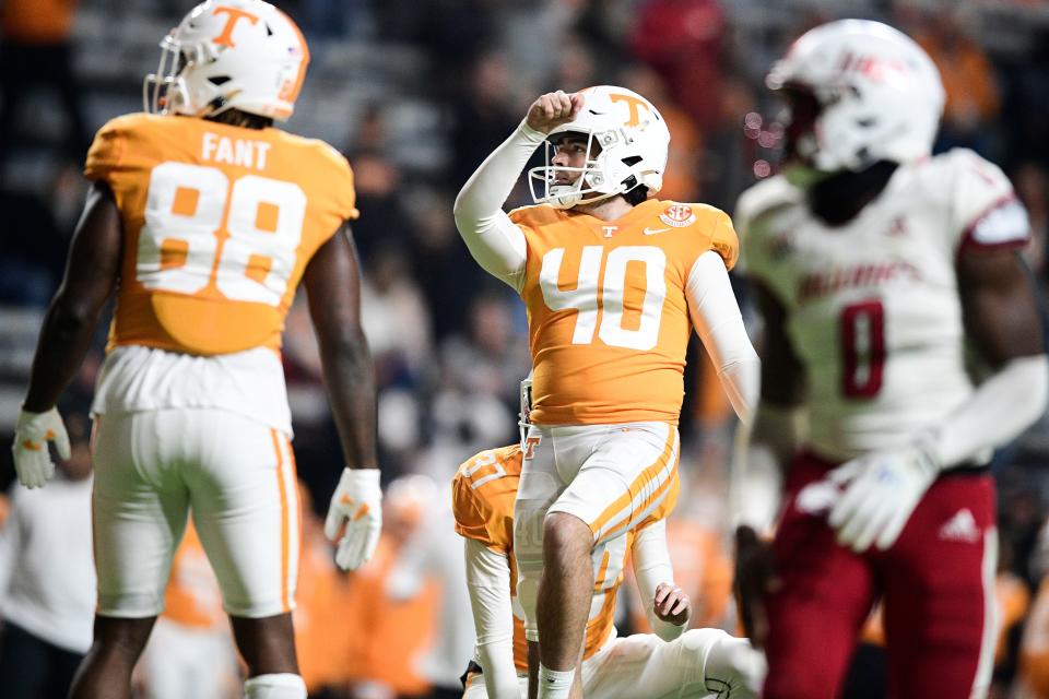 Tennessee placekicker Chase McGrath (40) kicks a field goal during a game against South Alabama at Neyland Stadium in Knoxville, Tenn. on Saturday, Nov. 20, 2021.