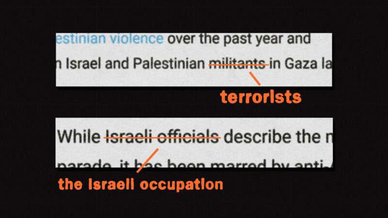 Text over a black background, reading "Palestinian militants" with "militants" crossed out and replaced with terrorists. "Israeli officials" is crossed out and replaced with "the Israeli occupation."