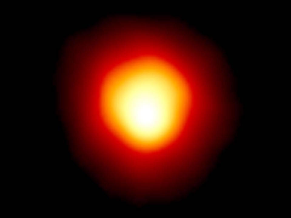 A picture of Betelgeuse taken by the Hubble telescope shows up as a blob of orange matter on a black background