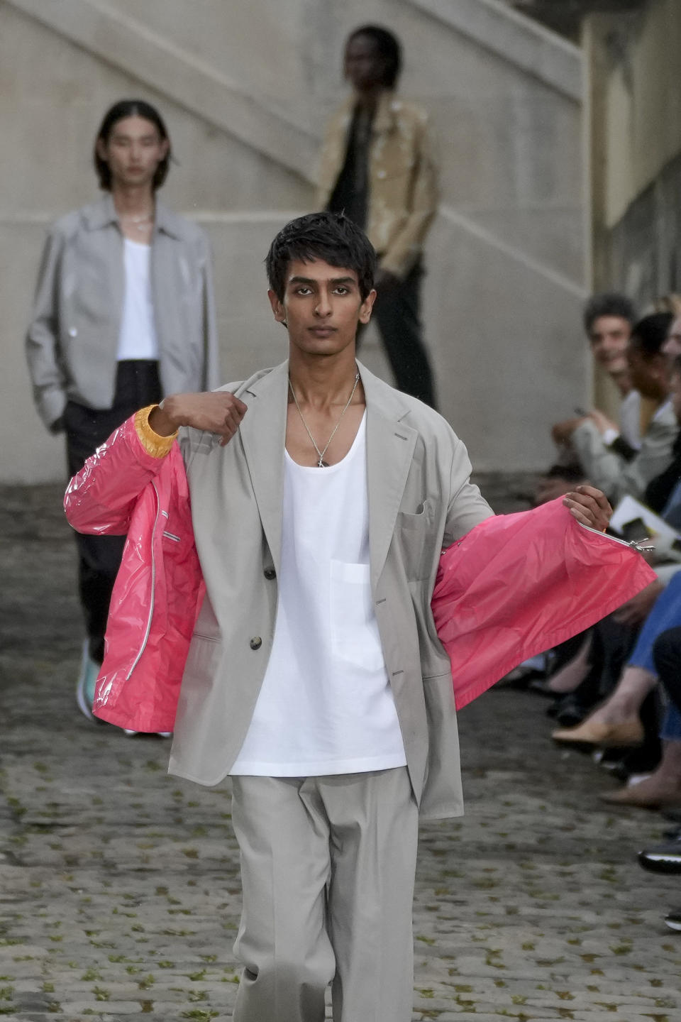 A model wears a creation as part of the Hermes men's Spring Summer 2023 collection presented in Paris, France, Saturday, June 25, 2022. (AP Photo/Francois Mori)