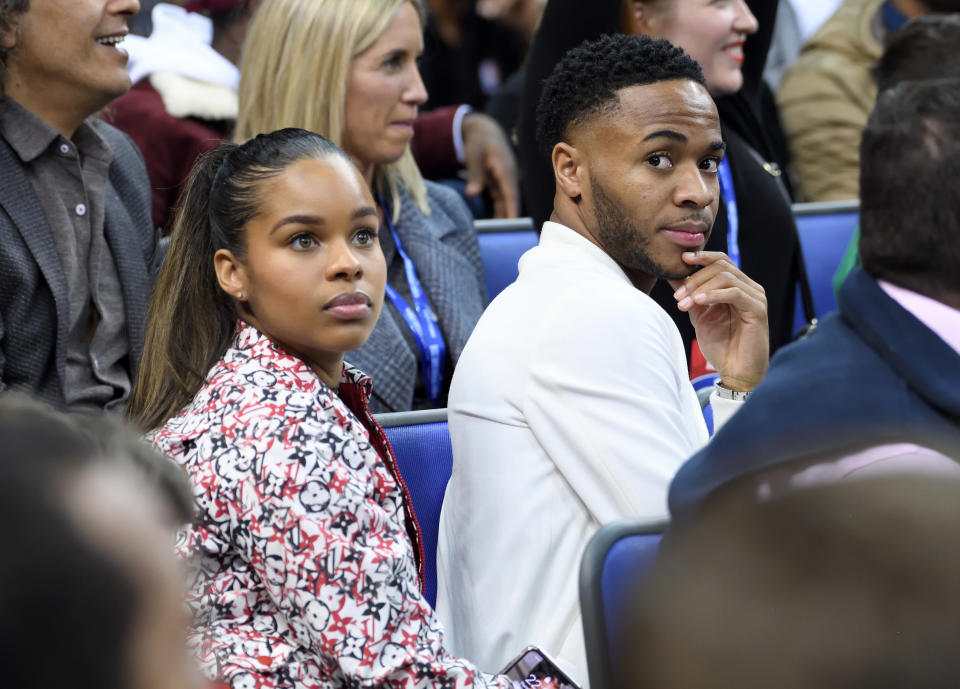 Raheem Sterling and Paige Milian attend the Philadelphia 76ers and Boston Celtics NBA London game at The O2 Arena on January 11, 2018 in London, England