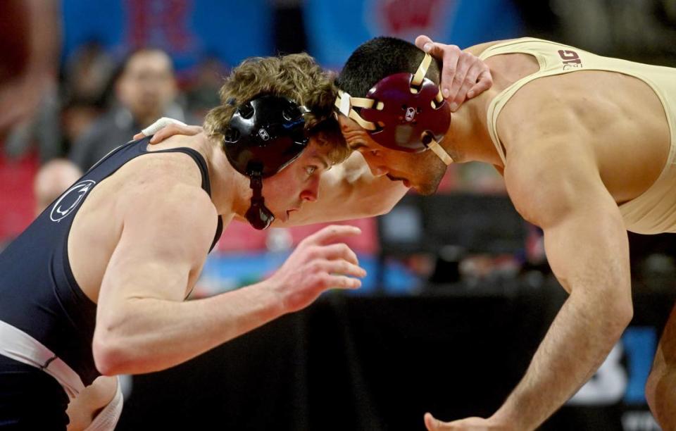 Penn State’s Bernie Truax faces Minnesota’s Isaiah Salazar in the 184 lb championship bout of the Big Ten Wrestling tournament at the Xfinity Center at the University of Maryland on Sunday, March 10, 2024.