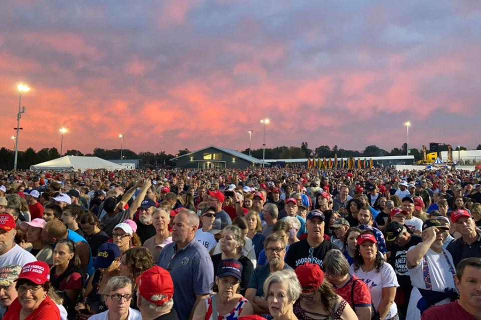 The crowd at Donald Trump’s rally in Des Moines, Iowa. (Copyright 2021 The Associated Press. All rights reserved.)