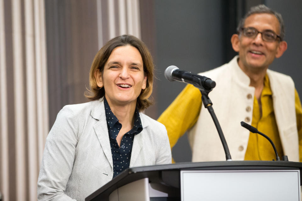 CAMBRIDGE, MA - OCTOBER 14:  Esther Duflo and Abhijit Banerjee, who share a 2019 Nobel Prize in Economics with Michael Kremer, answer questions during a press conference at Massachusetts Institute of Technology on October 14, 2019 in Cambridge, Massachusetts.  (Photo by Scott Eisen/Getty Images)
