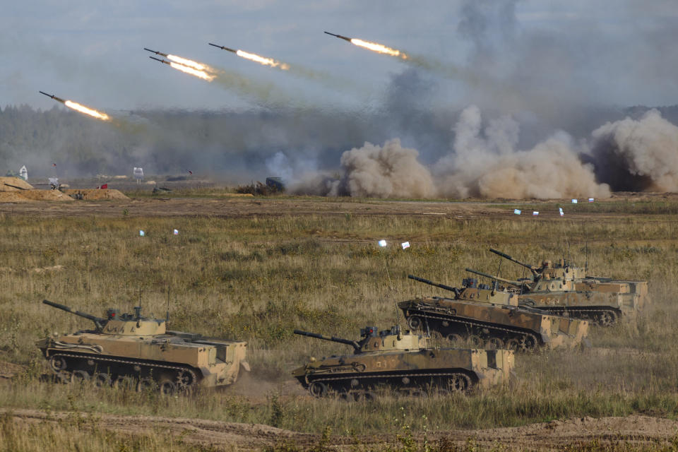 FILE - In this photo released by the Russian Defense Ministry Press Service, a view of the joint strategic exercise of the armed forces of the Russian Federation and the Republic of Belarus Zapad-2021 at the Mulino training ground in the Nizhny Novgorod region, Russia, on Sept. 11, 2021. Russia's present demands are based on Putin's purported long sense of grievance and his rejection of Ukraine and Belarus as truly separate, sovereign countries but rather as part of a Russian linguistic and Orthodox motherland. (Vadim Savitskiy/Russian Defense Ministry Press Service via AP, File)