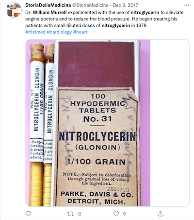 London physician William Murrell experimented with nitroglycerin on himself and tried it on his angina patients. <a href="https://twitter.com/search?q=William%20Murrell%20nitroglycerin&src=typed_query&f=top" rel="nofollow noopener" target="_blank" data-ylk="slk:Twitter;elm:context_link;itc:0;sec:content-canvas" class="link ">Twitter</a>