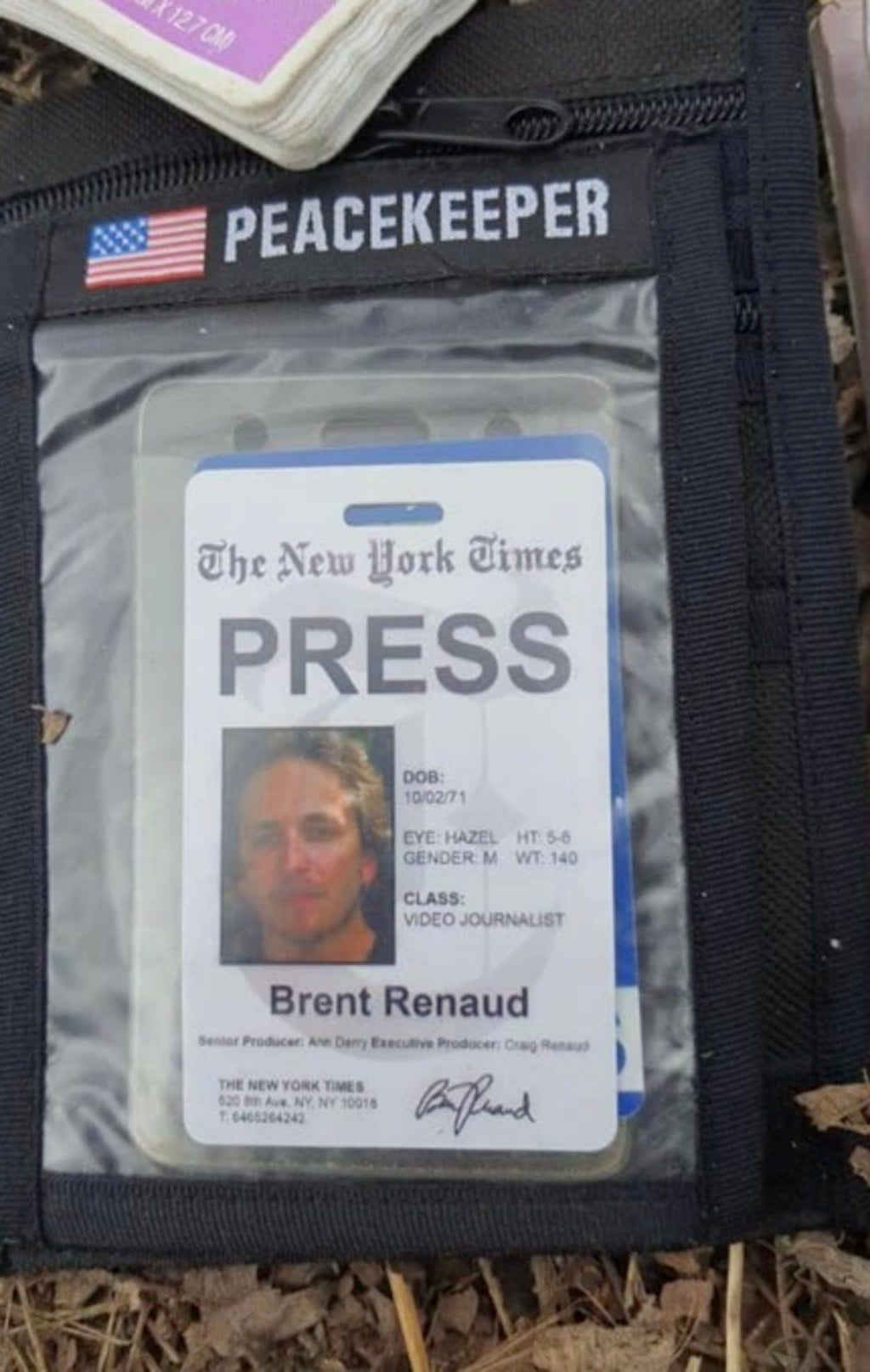 Kyiv police shared a photo of Brent Renaud’s press pass ( Andriy Nebitov/Facebook)