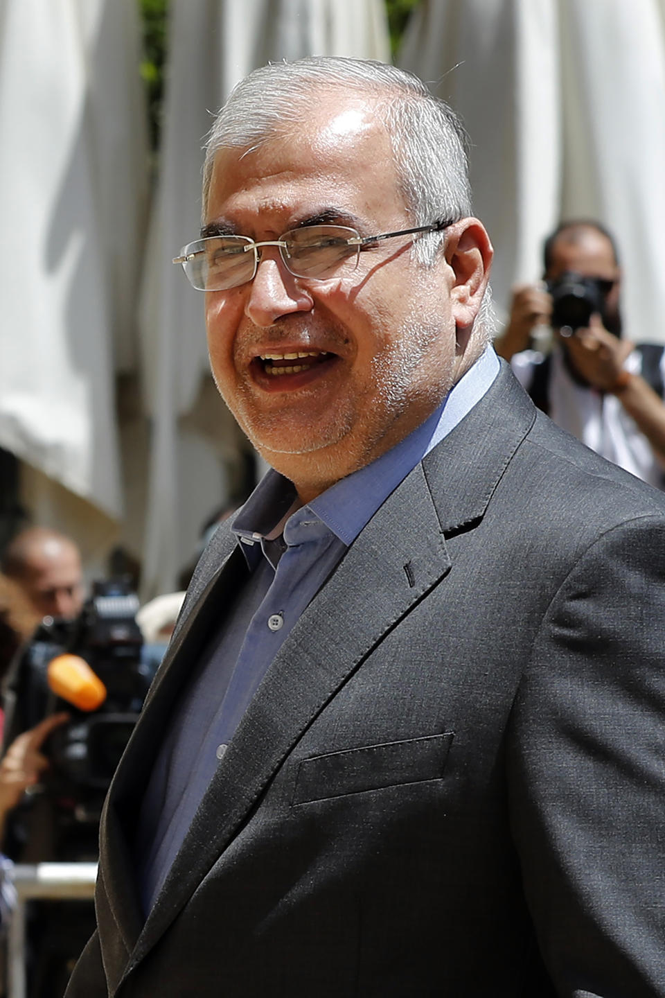 In this May 23, 2018 photo, Muhammad Hasan Ra'd, the head of the Hezbollah lawmakers bloc, enters parliament for the election of the house speaker in Beirut, Lebanon. The U.S. Treasury Department is imposing sanctions Lebanon Parliament members Amin Sherri and Muhammad Hasan Ra'd, and Hezbollah official Wafiq Safa, who are suspected of using their positions to further the aims of the Iran-backed military group and "bolster Iran's malign activities. (AP Photo/Hussein Malla)