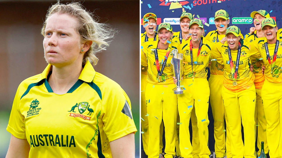 Seen left, Alyssa Healy and her all-conquering Aussie women's cricket teammates after winning the T20 World Cup.